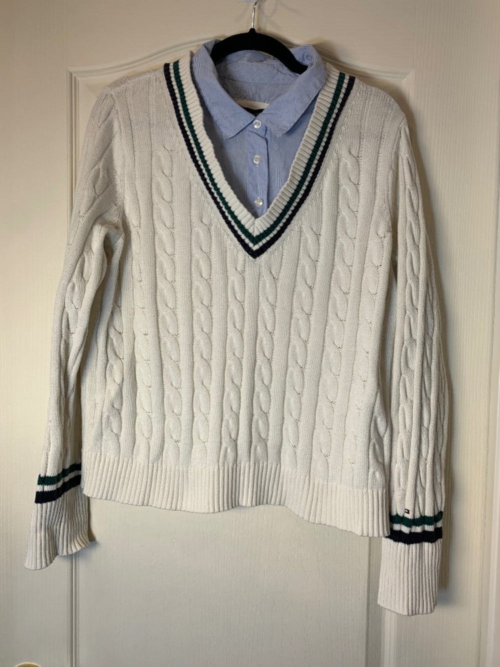 Tommy Hilfiger Men's XL Cable Knit 2-in-1 Shirt Sweater White Preppy Cricket Ivy